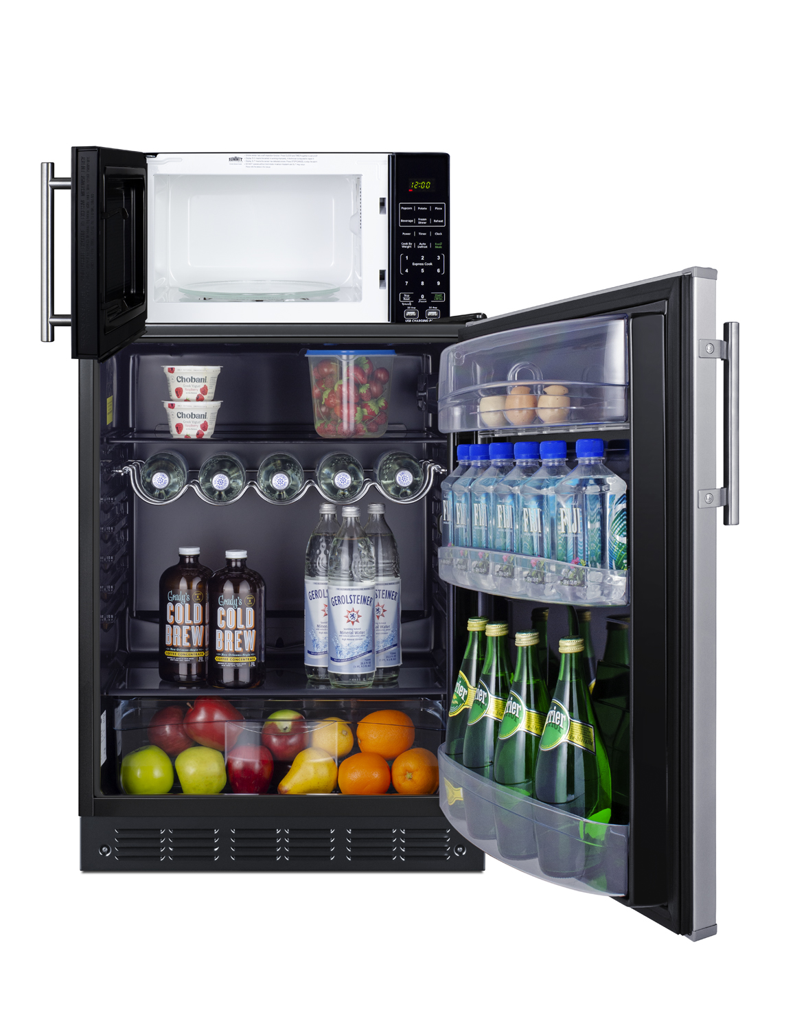 Counter height all-refrigerator with stainless steel door and compact microwave in black with allocator and USB ports for 1-plug operation; ships in three boxes on one pallet